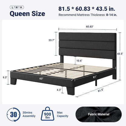 Allewie Modern Dark Grey Queen Upholstered Bed Frame with Wooden Slat Support