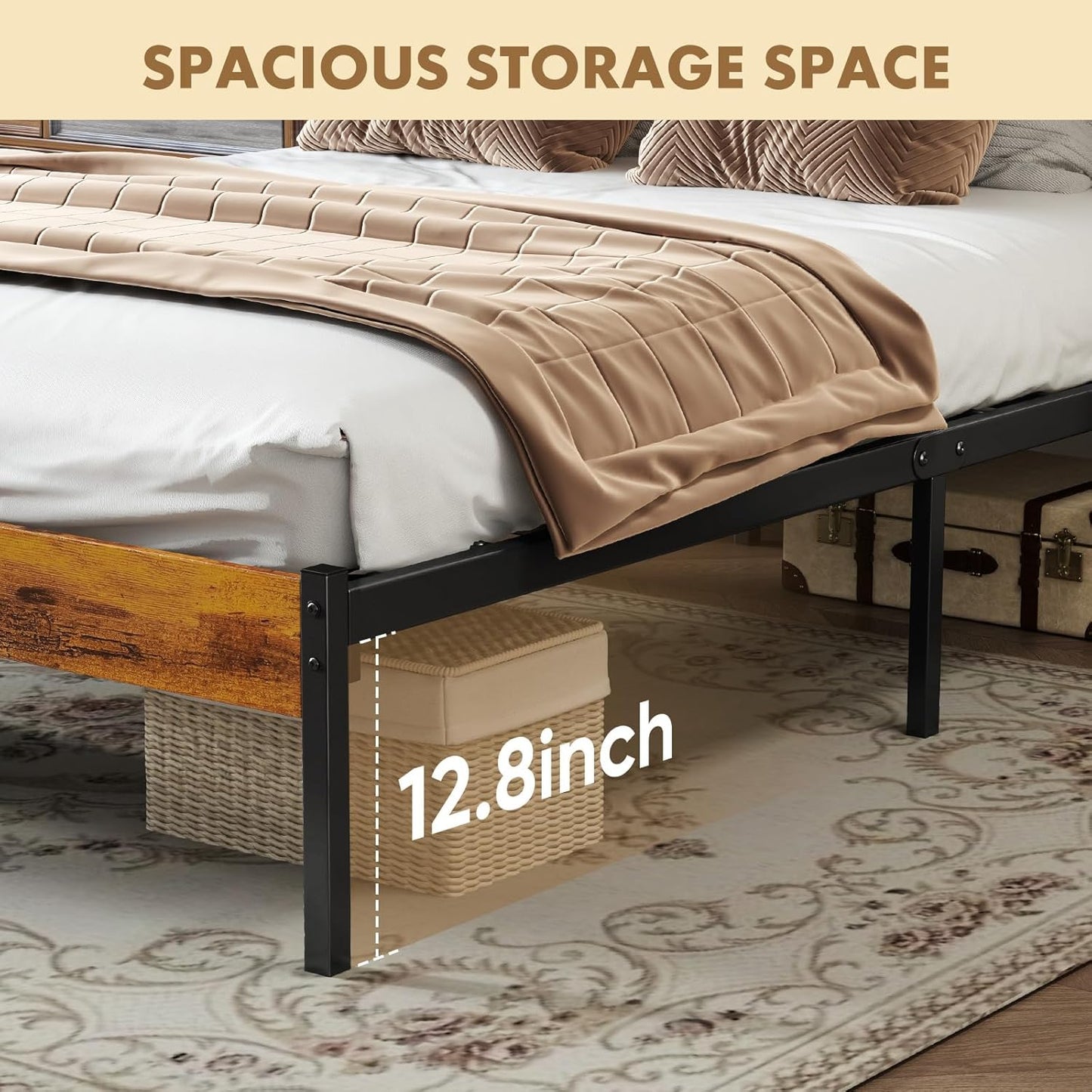 OLIXIS Full Size Bed Frame with Rustic Headboard – Metal Mattress Foundation, Under-Bed Storage, Rust Brown