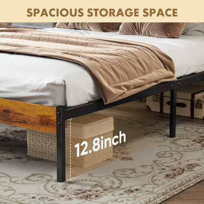 OLIXIS Full Size Bed Frame with Rustic Headboard – Metal Mattress Foundation, Under-Bed Storage, Rust Brown