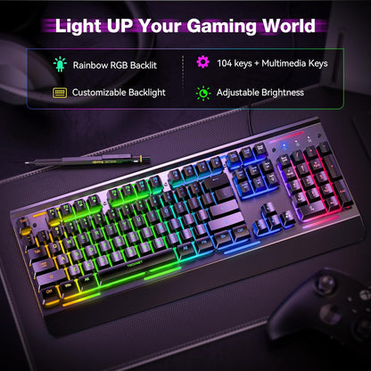 TECKNET Wired RGB Gaming Keyboard – Metal Panel, 15-Zone RGB, Anti-Ghosting