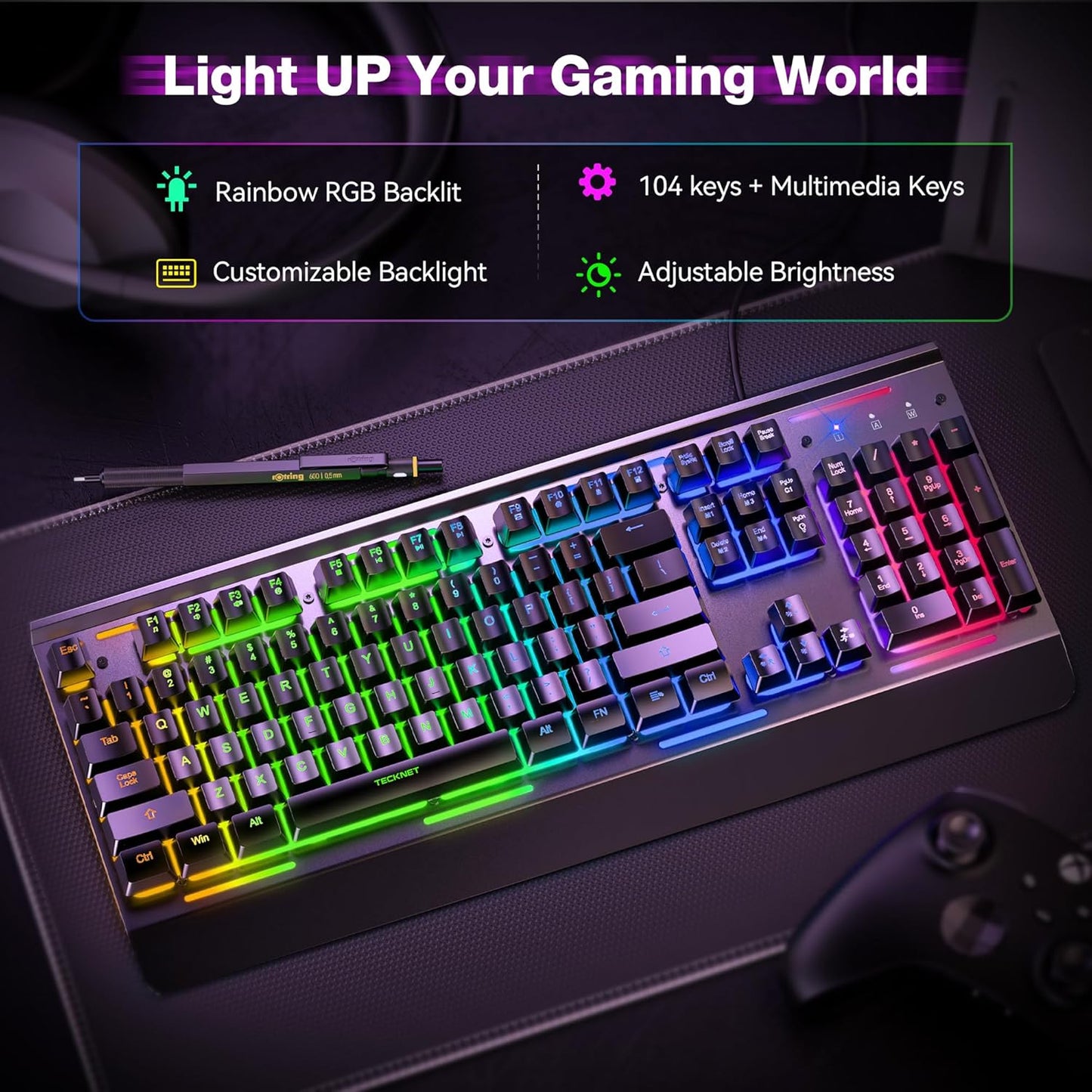 TECKNET Wired RGB Gaming Keyboard – Metal Panel, IP32 Water-Resistant, Anti-Ghosting