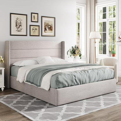 Allewie Queen Hydraulic Lift-Up Storage Bed Frame – Upholstered Wingback Headboard, Light Beige