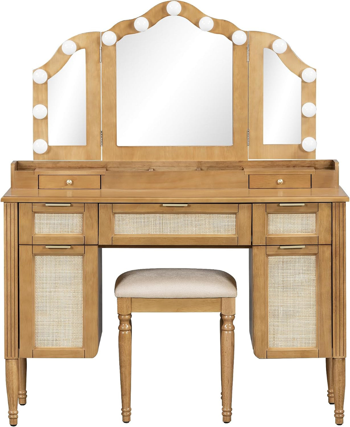 GDFStudio 44" Makeup Vanity Set with Tri-Fold Lighted Mirror & Stool – Natural Finish