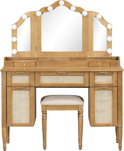 GDFStudio 44" Makeup Vanity Set with Tri-Fold Lighted Mirror & Stool – Natural Finish