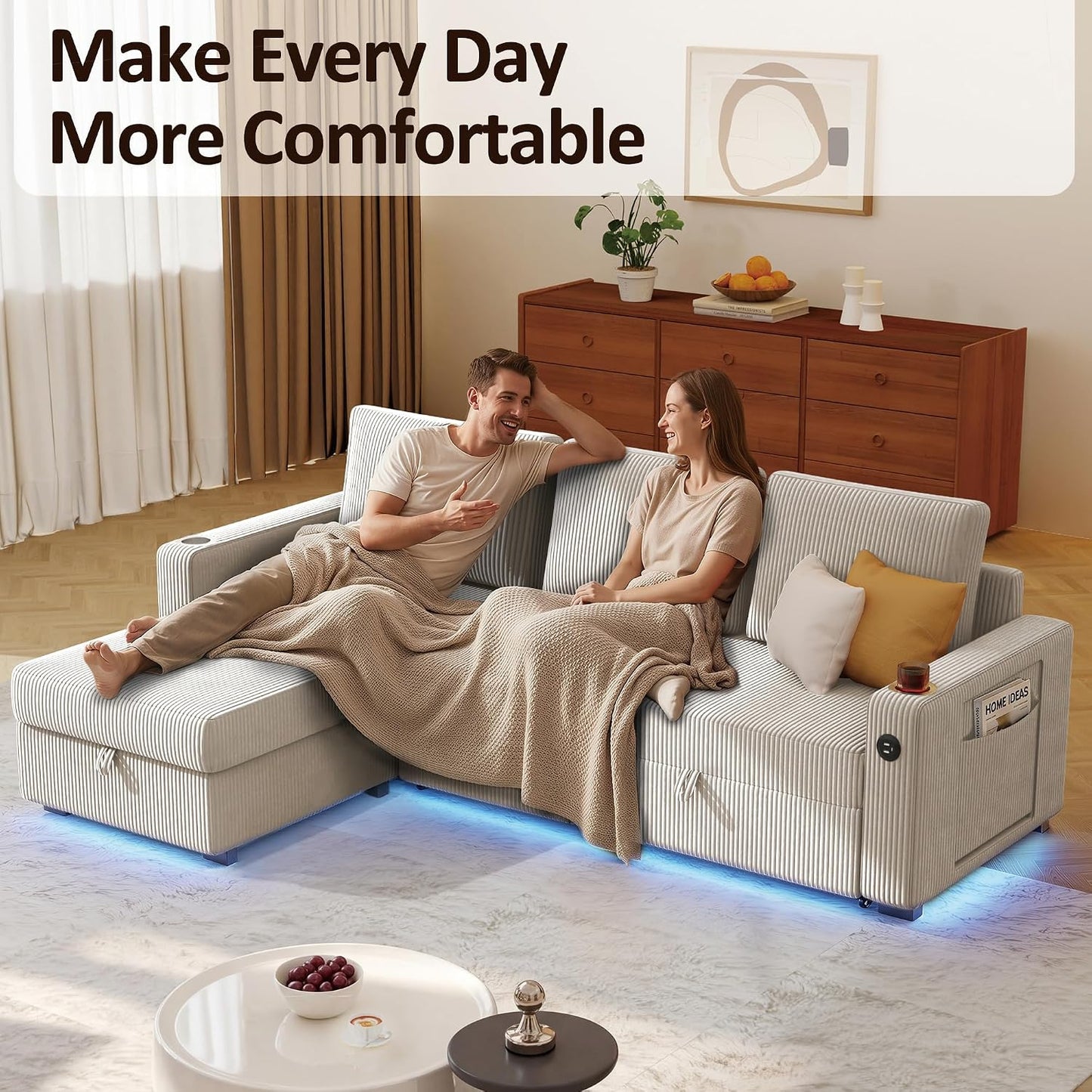 Ball & Cast 80" Sleeper Sectional Couch with Storage Chaise, Foldable Table & Integrated LED Lights