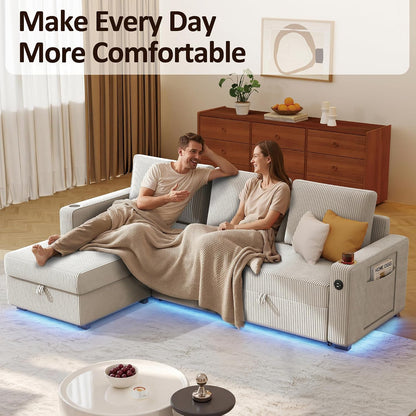 Ball & Cast 80" Sleeper Sectional Couch with Storage Chaise, Foldable Table & Integrated LED Lights