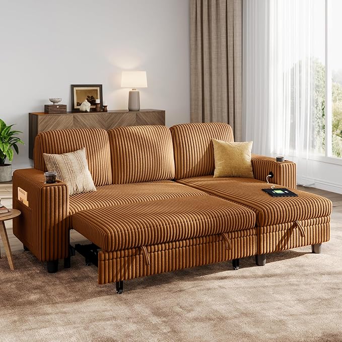 LINSY HOME 81" L-Shape Sleeper Sectional Sofa Bed with Storage Chaise (Beige)