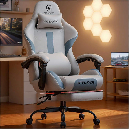 GTPLAYER Gaming Chair with Footrest, Pocket Spring Cushion & Lumbar Support, Mist Blue