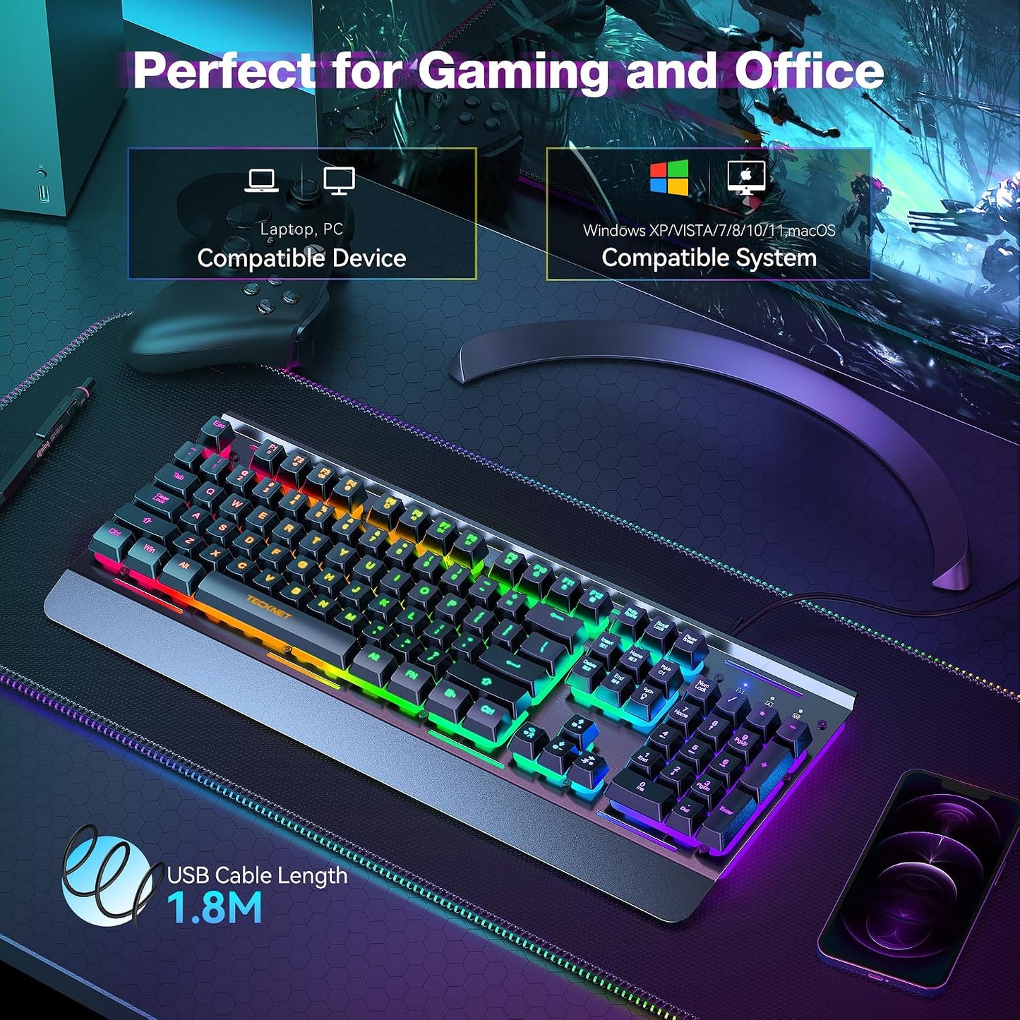 TECKNET Wired RGB Gaming Keyboard – Metal Panel, 15-Zone RGB, Anti-Ghosting