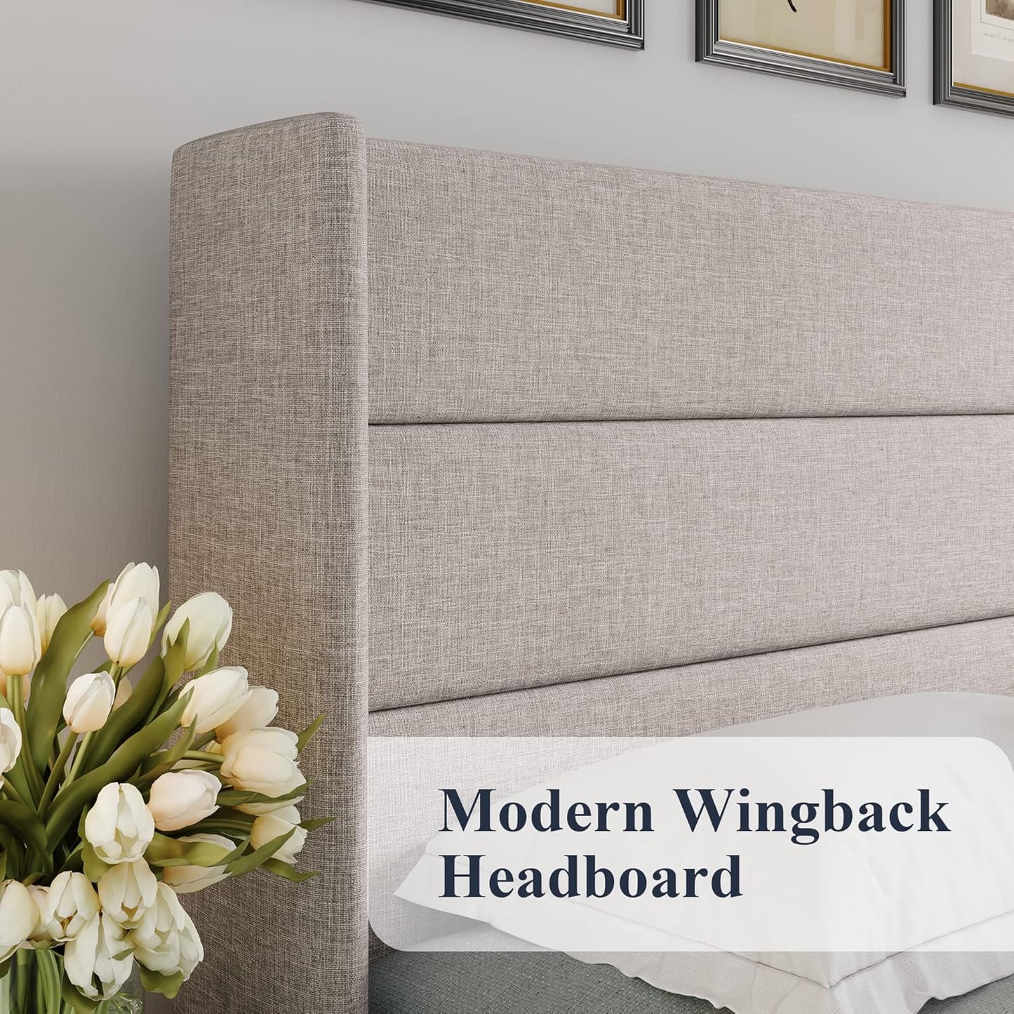 Allewie Queen Hydraulic Lift-Up Storage Bed Frame – Upholstered Wingback Headboard, Light Beige
