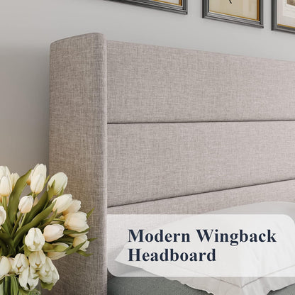 Allewie Queen Hydraulic Lift-Up Storage Bed Frame – Upholstered Wingback Headboard, Light Beige