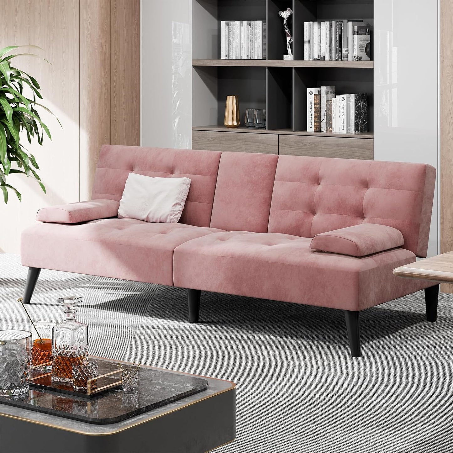 Shintenchi 64" Reclining Velvet Futon Sleeper with Armrests & Cup Holder (Pink)