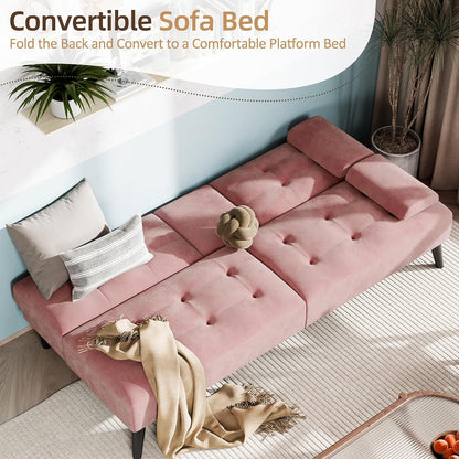 Shintenchi 64" Reclining Velvet Futon Sleeper with Armrests & Cup Holder (Pink)