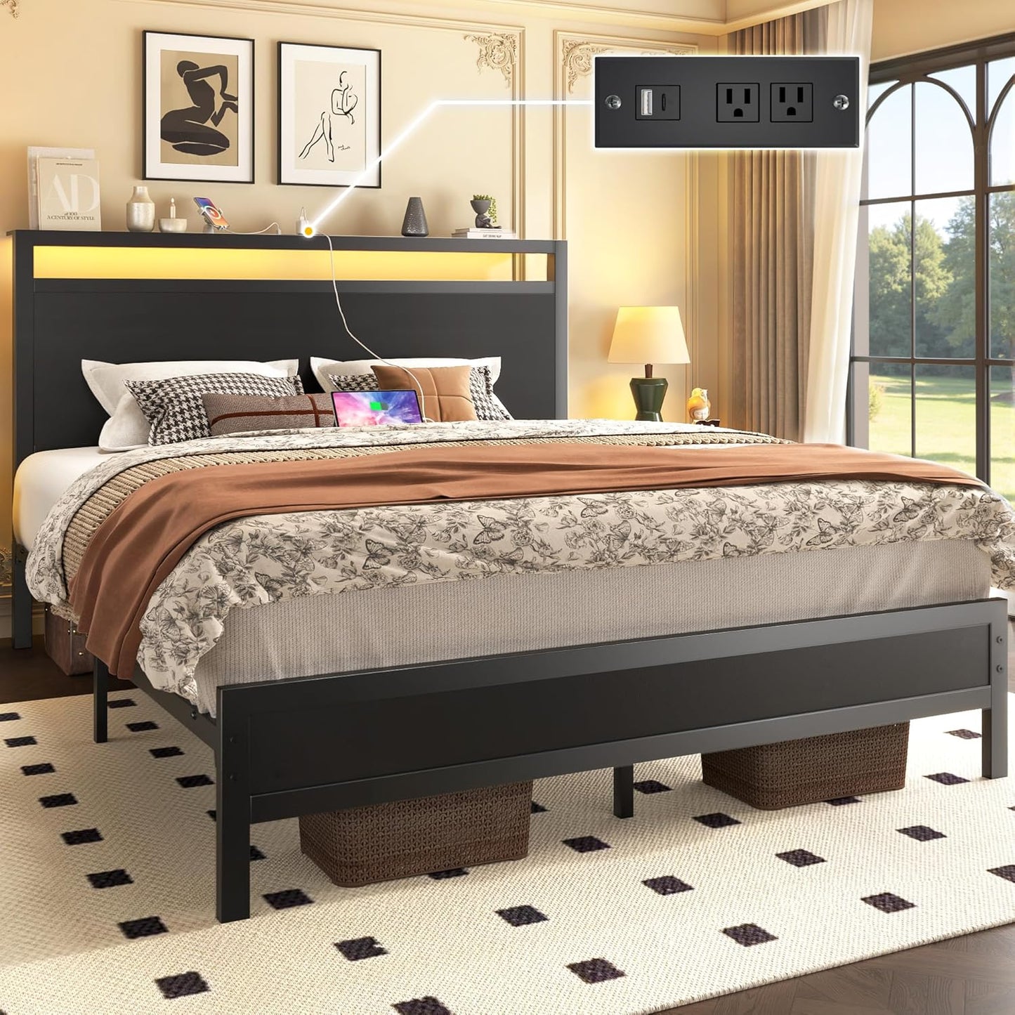Fluest Queen Bed Frame with LED, Charging Station & Storage Shelf, Black