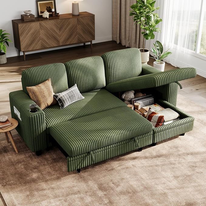 LINSY HOME 81" L-Shape Sleeper Sectional Sofa Bed with Storage Chaise (Beige)