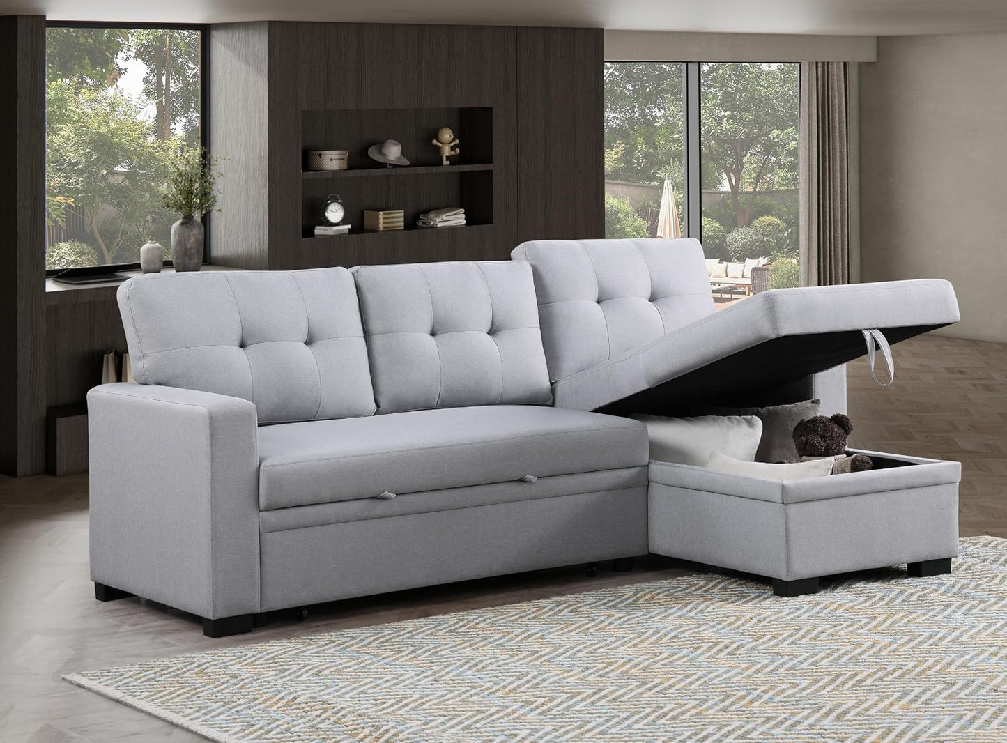 Ball & Cast 82" Upholstered Pull-Out Sleeper Sectional Couch with Storage Chaise