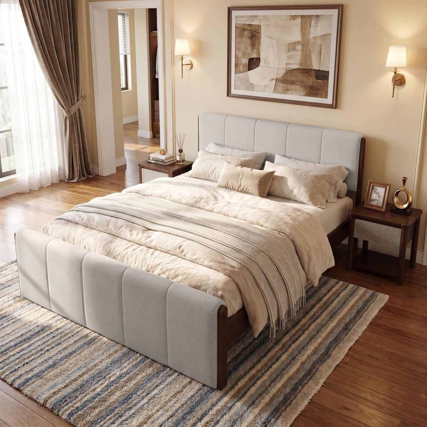 Christopher Knight Home Jayne Queen Wood Platform Bed – Upholstered Headboard & Footboard, Gray/Walnut