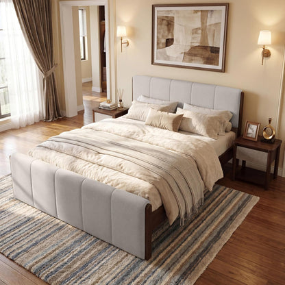 Christopher Knight Home Jayne Queen Wood Platform Bed – Upholstered Headboard & Footboard, Gray/Walnut