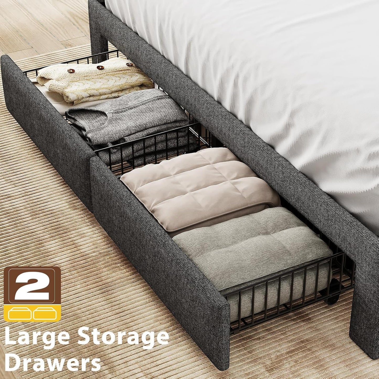 Queen Upholstered Bed Frame with Storage Drawers, USB Charging Station & LED Headboard