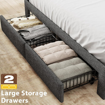 Queen Upholstered Bed Frame with Storage Drawers, USB Charging Station & LED Headboard
