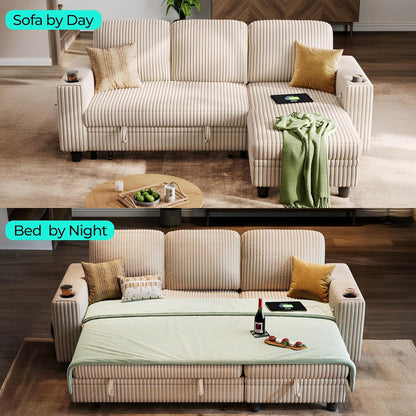 LINSY HOME 81" L-Shape Sleeper Sectional Sofa Bed with Storage Chaise (Beige)