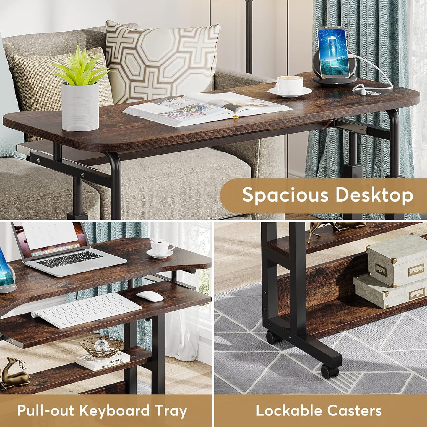 Tribesigns Mobile Standing Desk with Power Outlet & USB Charging – Adjustable Laptop Cart with Keyboard Tray