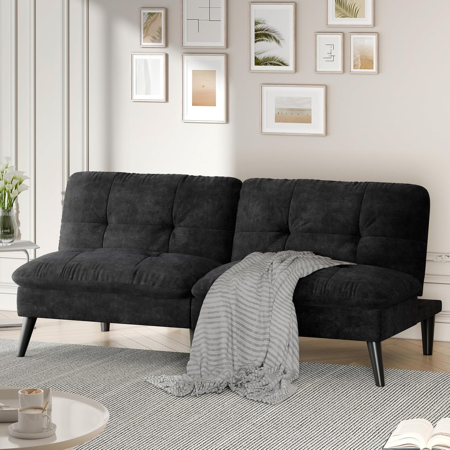 Shintenchi Velvet Futon Sofa Bed – Foldable 2-in-1 Sleeper Couch (Black)