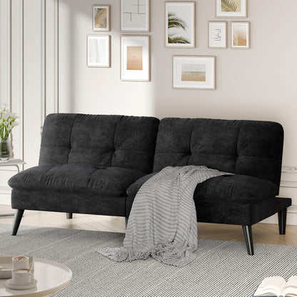 Shintenchi Velvet Futon Sofa Bed – Foldable 2-in-1 Sleeper Couch (Black)