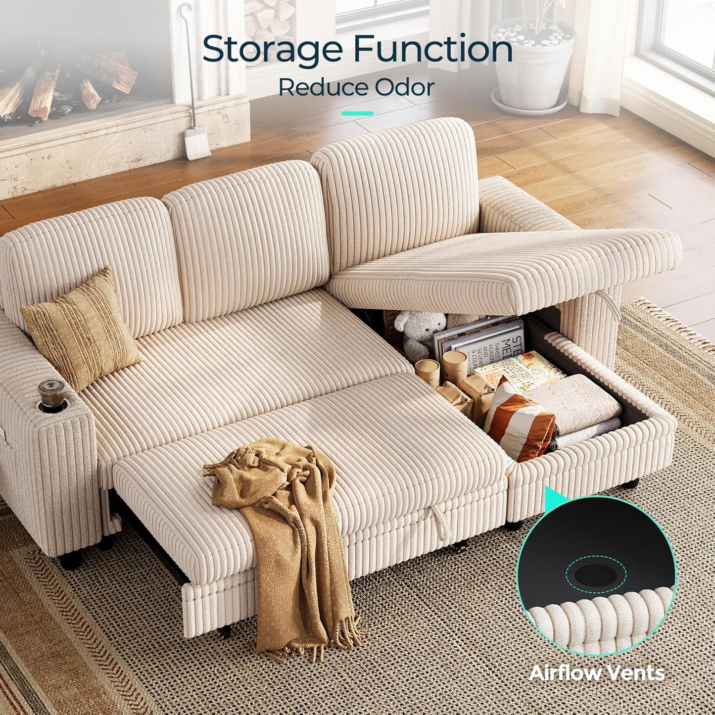LINSY HOME 81" L-Shape Sleeper Sectional Sofa Bed with Storage Chaise (Beige)