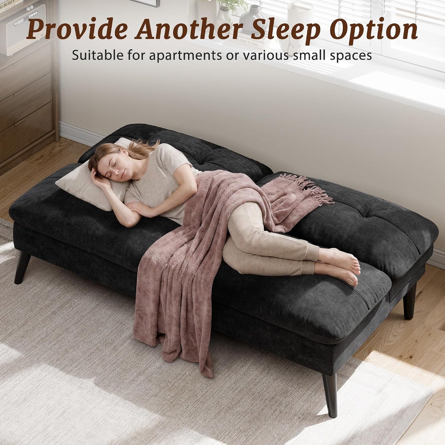 Shintenchi Velvet Futon Sofa Bed – Foldable 2-in-1 Sleeper Couch (Black)