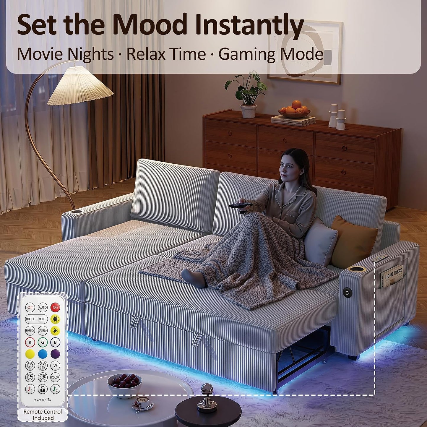 Ball & Cast 80" Sleeper Sectional Couch with Storage Chaise, Foldable Table & Integrated LED Lights