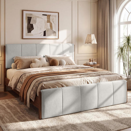Christopher Knight Home Jayne Queen Wood Platform Bed – Upholstered Headboard & Footboard, Gray/Walnut