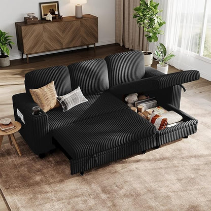 LINSY HOME 81" L-Shape Sleeper Sectional Sofa Bed with Storage Chaise (Beige)
