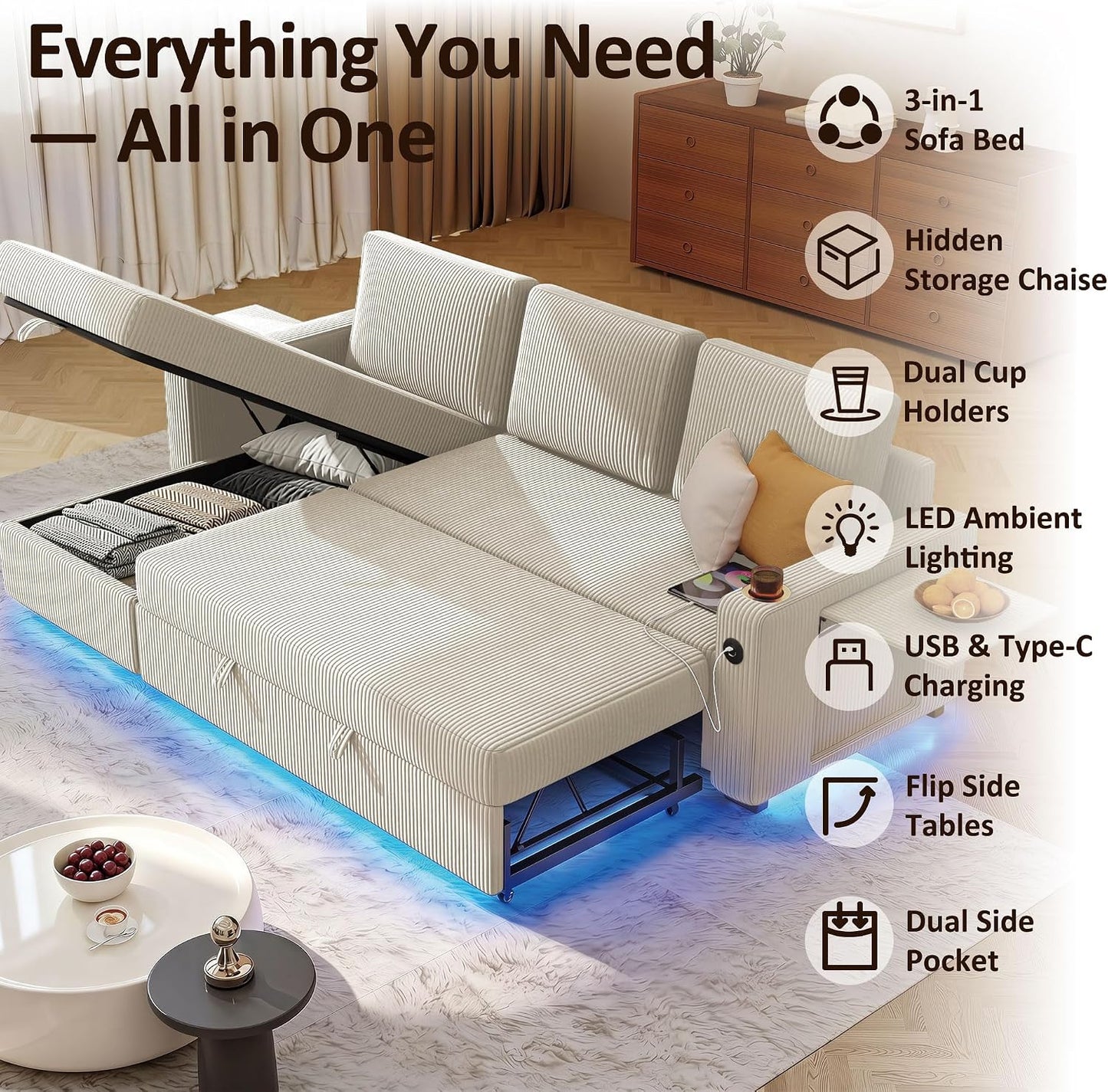 Ball & Cast 80" Sleeper Sectional Couch with Storage Chaise, Foldable Table & Integrated LED Lights