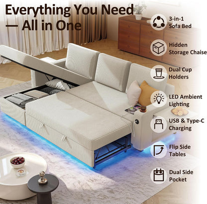 Ball & Cast 80" Sleeper Sectional Couch with Storage Chaise, Foldable Table & Integrated LED Lights