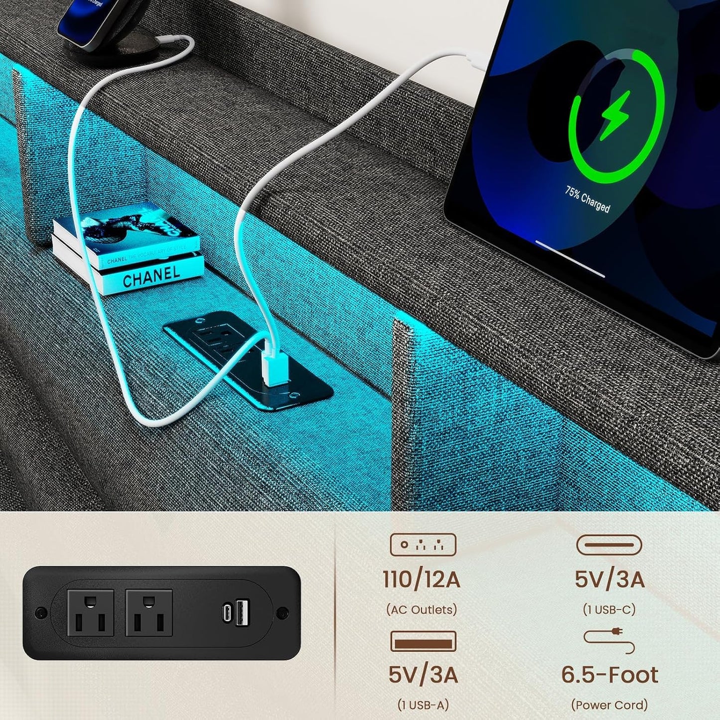 Queen Upholstered Bed Frame with Storage Drawers, USB Charging Station & LED Headboard
