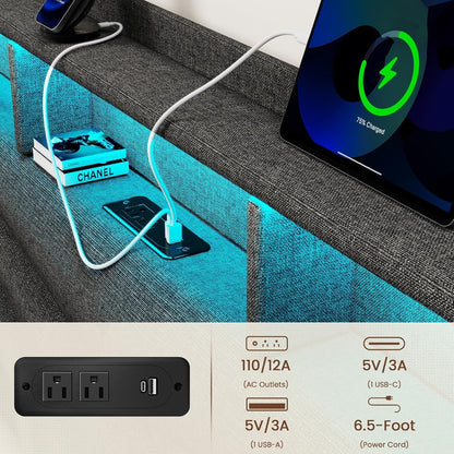 Queen Upholstered Bed Frame with Storage Drawers, USB Charging Station & LED Headboard