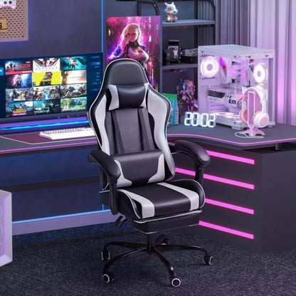 Homall Gaming Chair with Footrest, Massage Lumbar Support & Headrest, White