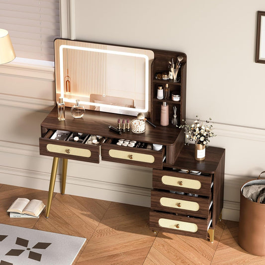 Merax 47" Dark Walnut Vanity Desk with Lighted Mirror – Vintage Rattan Dressing Table with 5 Drawers, Storage Shelf & Dimmable 3-Color Lighting