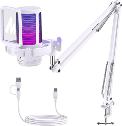 MAONO DGM20S USB Gaming Microphone, White | RGB, Noise Reduction, Boom Arm for PC