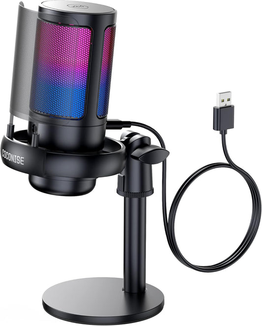 USB Gaming Microphone for PC & PS5, RGB Condenser Mic with Mute & Pop Filter