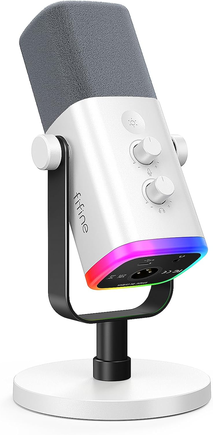 FIFINE AmpliGame AM8W Dynamic Gaming Microphone | XLR/USB, RGB, White