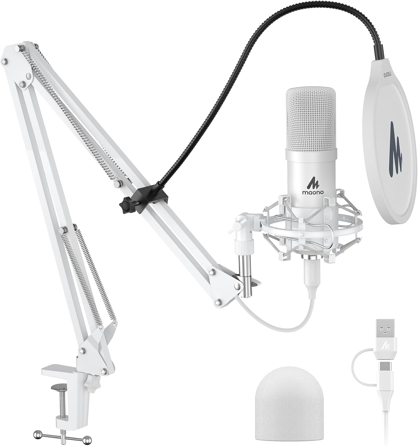 MAONO A04 White USB Microphone | 192kHz/24Bit Condenser Mic for PC, Podcast & Streaming