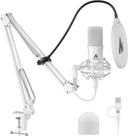 MAONO A04 White USB Microphone | 192kHz/24Bit Condenser Mic for PC, Podcast & Streaming