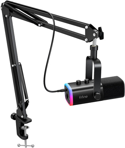 FIFINE AmpliGame AM8T XLR/USB RGB Gaming Microphone with Boom Arm