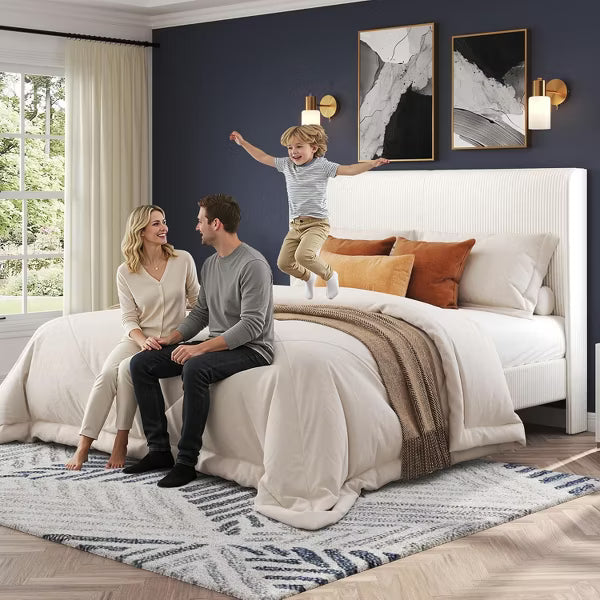 AMERLIFE Queen Upholstered Bed Frame with Wood Slat Support - White