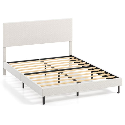 Costway Queen Platform Bed Frame with Chevron Velvet Headboard - Beige