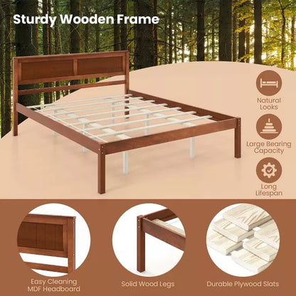 Costway Queen Wood Platform Bed, No Box Spring Needed - Walnut