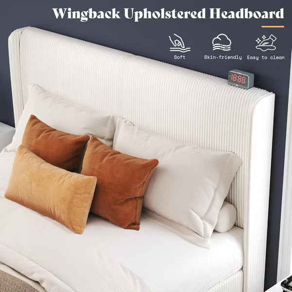 AMERLIFE Queen Upholstered Bed Frame with Wood Slat Support - White