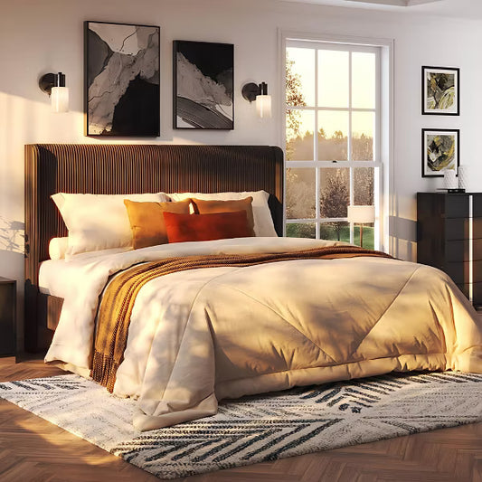 AMERLIFE Queen Bed Frame with Corduroy Upholstered Headboard - Black